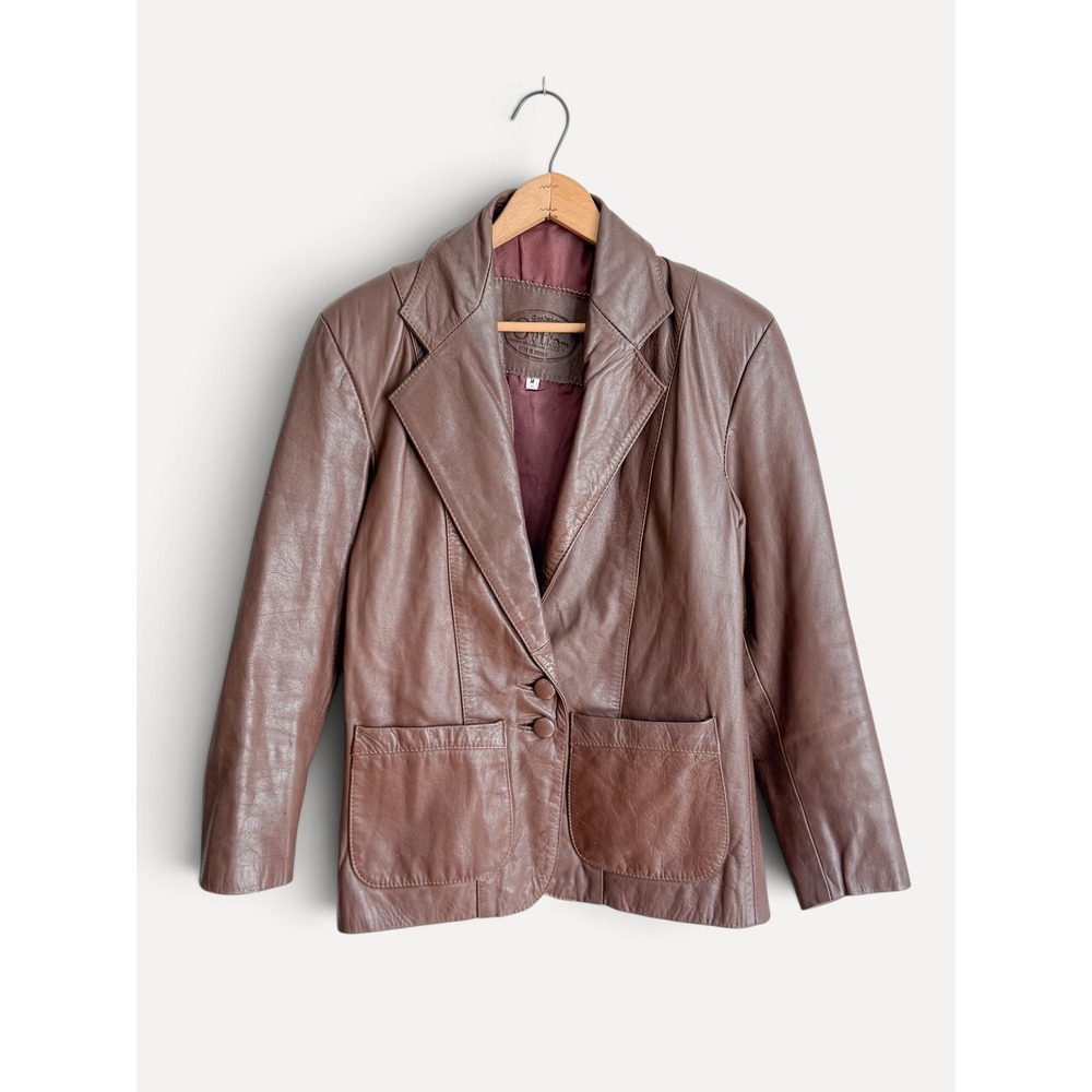 Orifer Leather Blazer Vintage 90s M Brown Two Button Patch Pocket Jacket